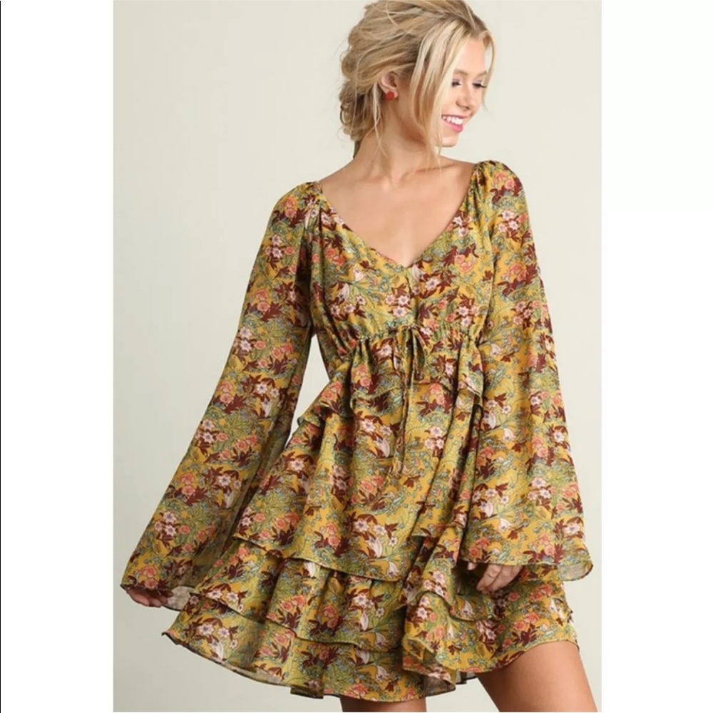 UMGEE Floral Bell Sleeve Ruffled Dress NWT